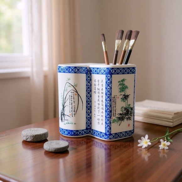 Antique Vintage Chinese Porcelain Brush Pot /Vase with Calligraphy Floral Design - Picture 1 of 13